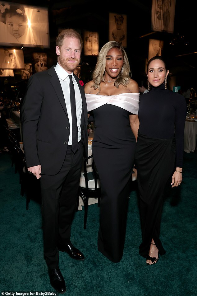 Meghan and Harry photographed inside the Baby2Baby Gala the same night, pictured with Serena Williams.