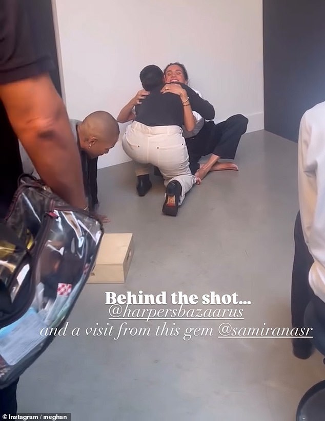 In other unseen footage, Meghan is seen joyfully hugging Harper's Bazaar's editor-in-chief Samira Nasr