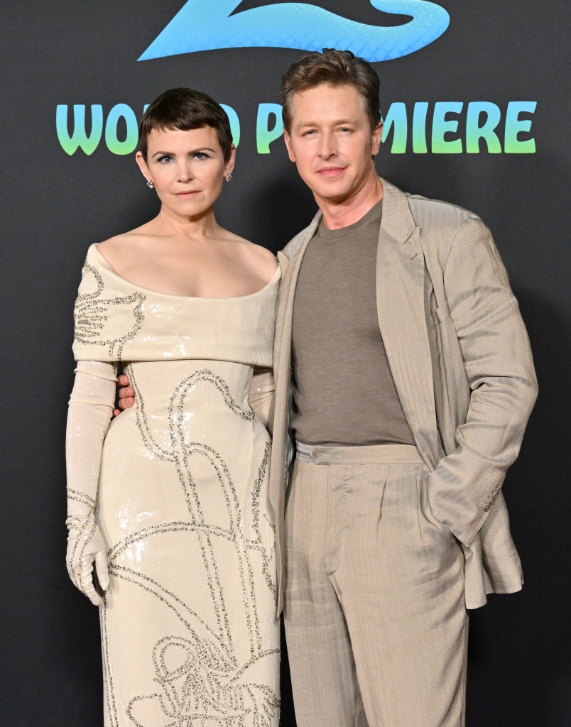 Ginnifer Goodwin in an off-the-shoulder Wiederhoeft gown with Josh Dallas at the Zootopia 2 premiere.