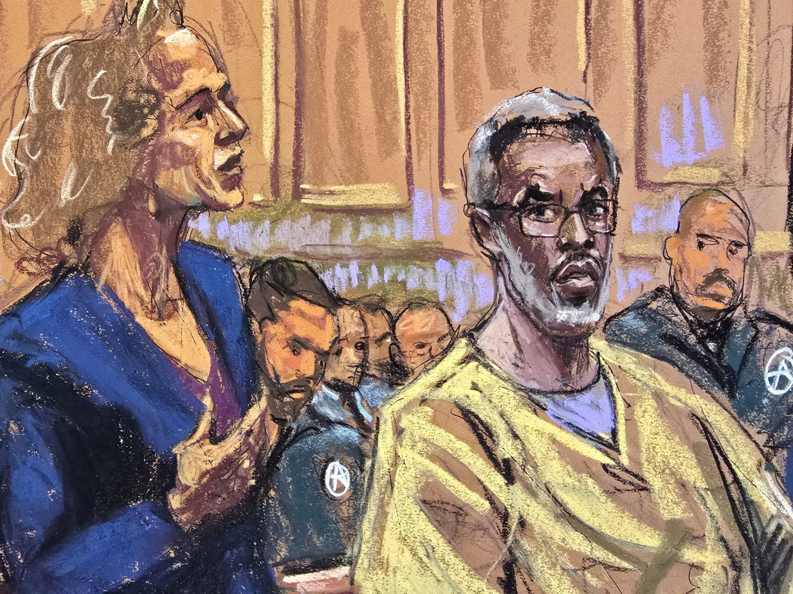 Courtroom sketch of Sean "Diddy" Combs during his 2025 federal trial; acquitted on trafficking and racketeering counts, convicted on transportation for prostitution.