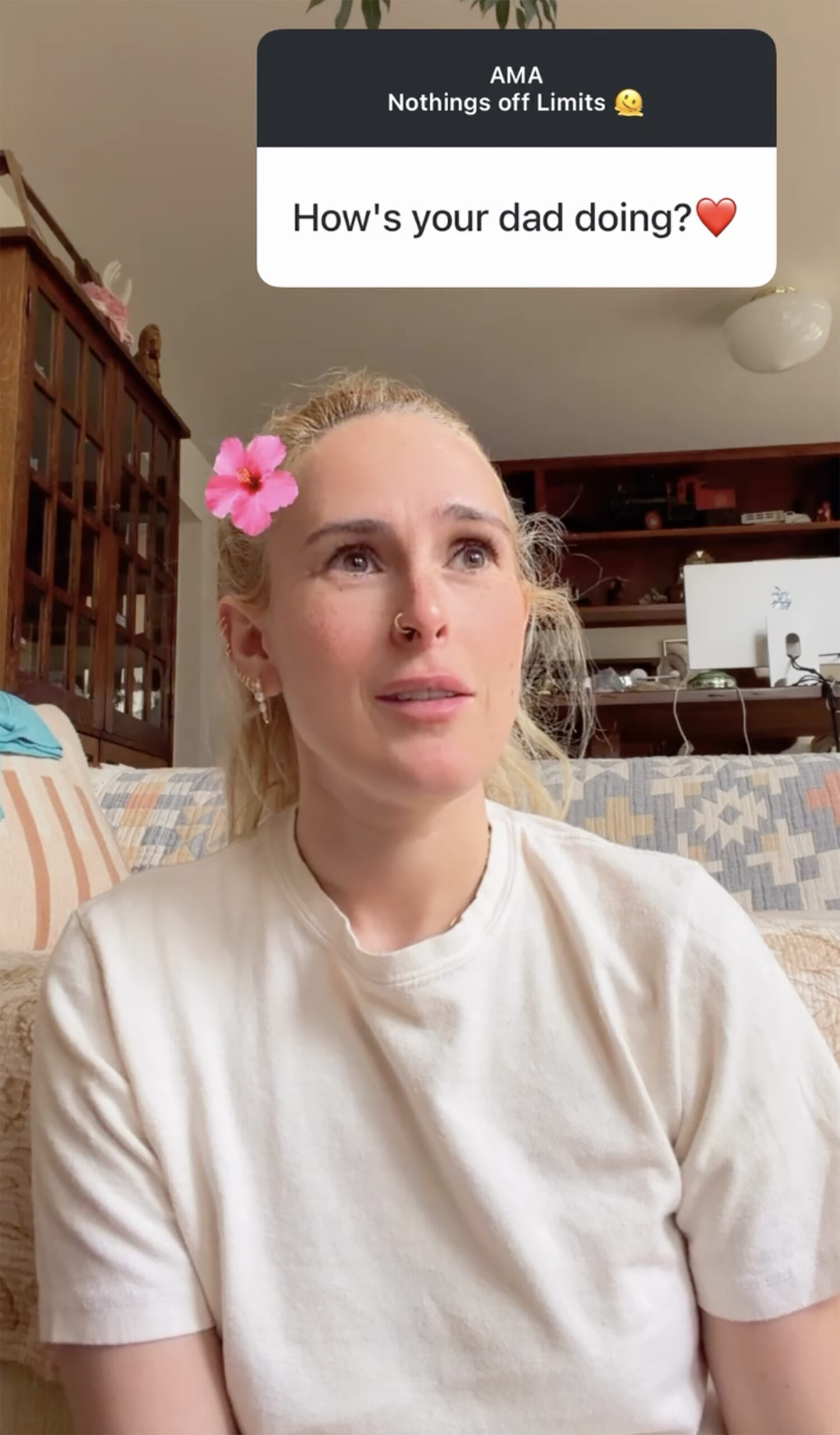 Rumer Willis during an Instagram Q&A, with the question 'How's your dad doing?' on screen.