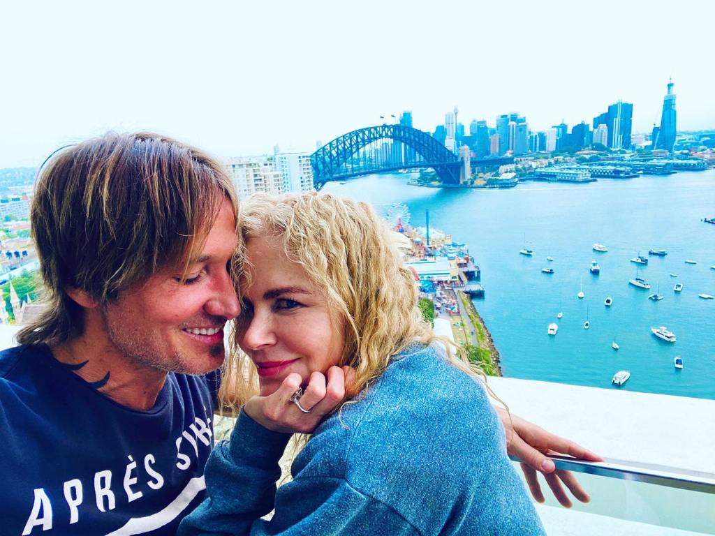 Nicole Kidman and Keith Urban in an Instagram photo with the Sydney Harbour Bridge in the background.