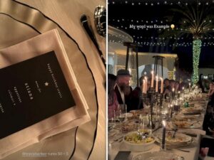 Candle-lined walkway and cream balloons set the scene for Travis Barker’s 50th pre-birthday dinner at home.