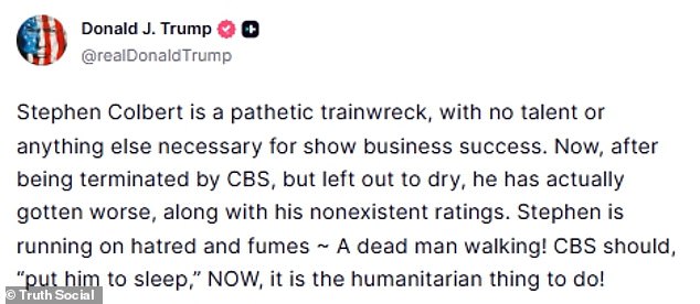 Screenshot of Trump's early morning Truth Social post targeting Stephen Colbert.