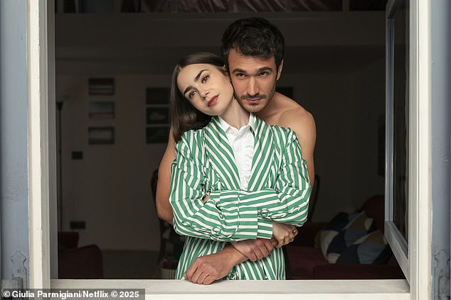 Emily (Lily Collins) and Marcello (Eugenio Franceschini) during an autumn countryside walk in Rome in season five.