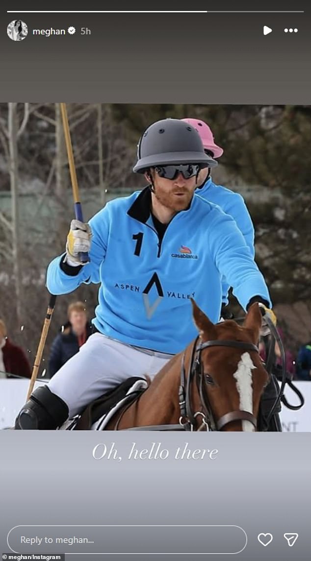 Meghan Markle's Instagram post of Prince Harry playing snow polo in Aspen with the caption, "Oh, hello there."