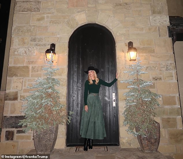 Ivanka Trump in an emerald-green suede skirt with a black Western-style hat and boots