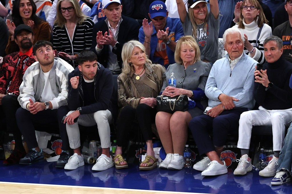 Martha Stewart seated courtside at Madison Square Garden during a Knicks-Pacers playoff game.