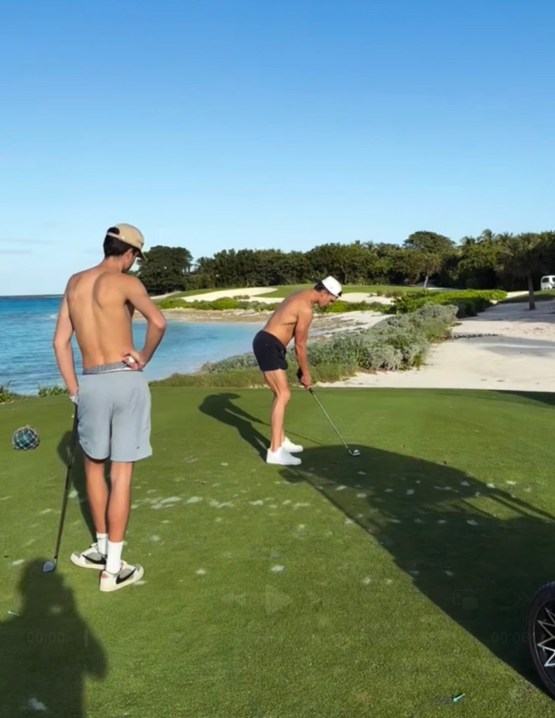Tom Brady and his son Jack play shirtless golf at Bakers Bay Golf and Ocean Club in the Bahamas.