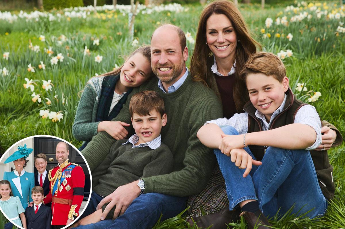 Prince William and Kate Middleton sit in the grass with Prince George, Princess Charlotte, and Prince Louis in their 2025 Christmas card, photographed by Josh Shinner.