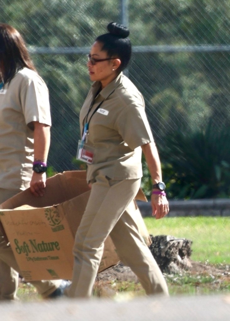 Jen Shah walks in the prison yard at FPC Bryan wearing a tan uniform and glasses, carrying a cardboard box.
