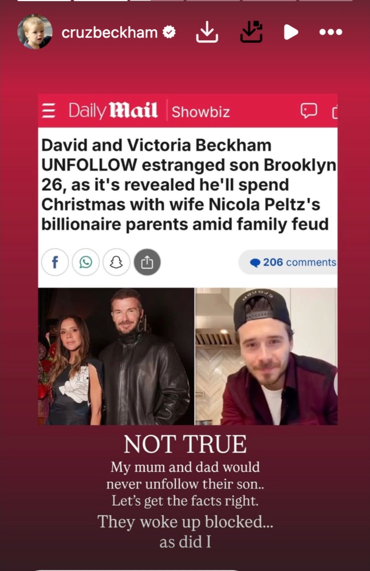 Cruz Beckham's Instagram Story denying that David and Victoria unfollowed Brooklyn, shown over a screenshot of an article.