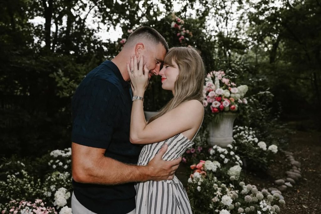 Taylor Swift and Travis Kelce embracing; the couple at the center of the 'we never fight' discussion.