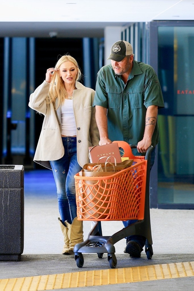 Gwen Stefani and Blake Shelton chat as they leave Eataly with groceries in Los Angeles.