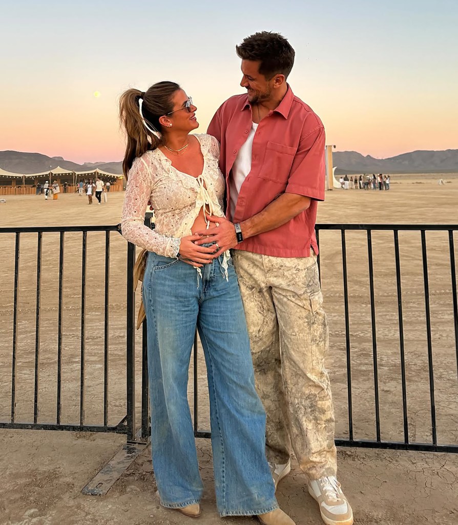 JoJo Fletcher and Jordan Rodgers cradling her baby bump in a desert setting during pregnancy.