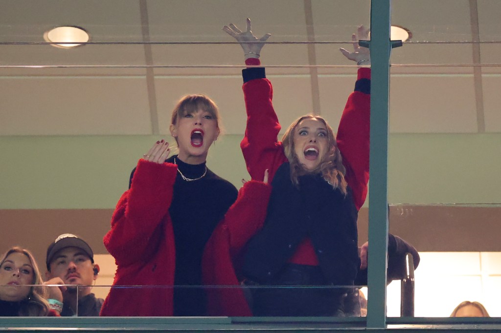 Taylor Swift and Brittany Mahomes react to the game from a suite.