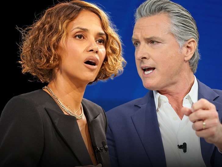 Halle Berry and California Governor Gavin Newsom onstage at the New York Times DealBook Summit