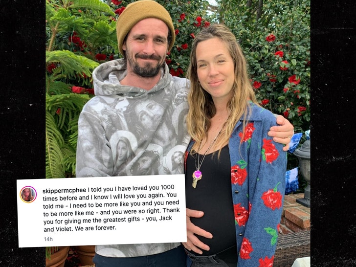 Jamie McPhee and James Ransone in a throwback photo, smiling with her baby bump, as referenced in her Instagram tribute