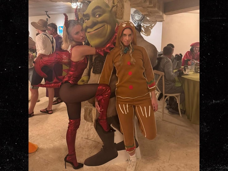 Close-up of Sydney Sweeney's dragon look - red horns with a matching top and bottoms - during "Shrek's Giving."