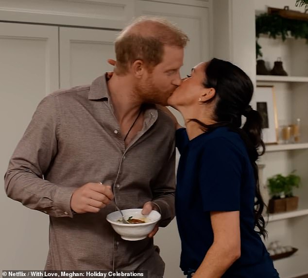 Meghan Markle in a trailer moment for 'With Love, Meghan,' promoting jam and sharing a kiss with Prince Harry.