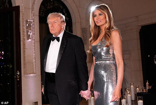 Melania Trump in a sparkling silver gown with studded Louboutin heels alongside President Trump in a tuxedo on the Mar-a-Lago black carpet
