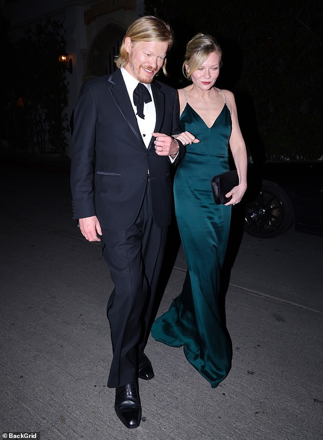 Kirsten Dunst and Jesse Plemons walking arm in arm after an afterparty