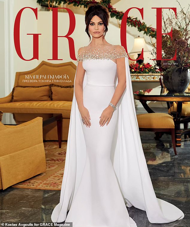 Grace Magazine cover of Kimberly Guilfoyle in a white off-the-shoulder, crystal-trimmed gown with dramatic updo