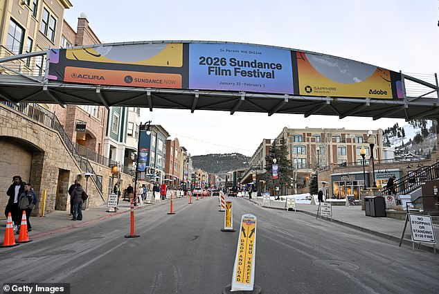Bridge with signage for the 2026 Sundance Film Festival over Main Street in Park City, Utah.