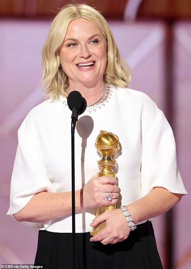 Amy Poehler accepts the Golden Globe for Best Podcast for her show Good Hang.