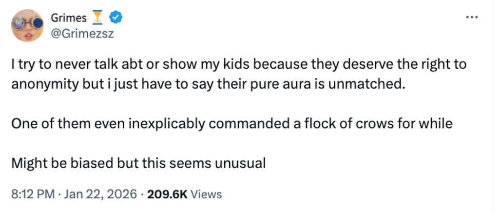 Screenshot of Grimes' X post about keeping her kids anonymous and saying one 'commanded a flock of crows.'