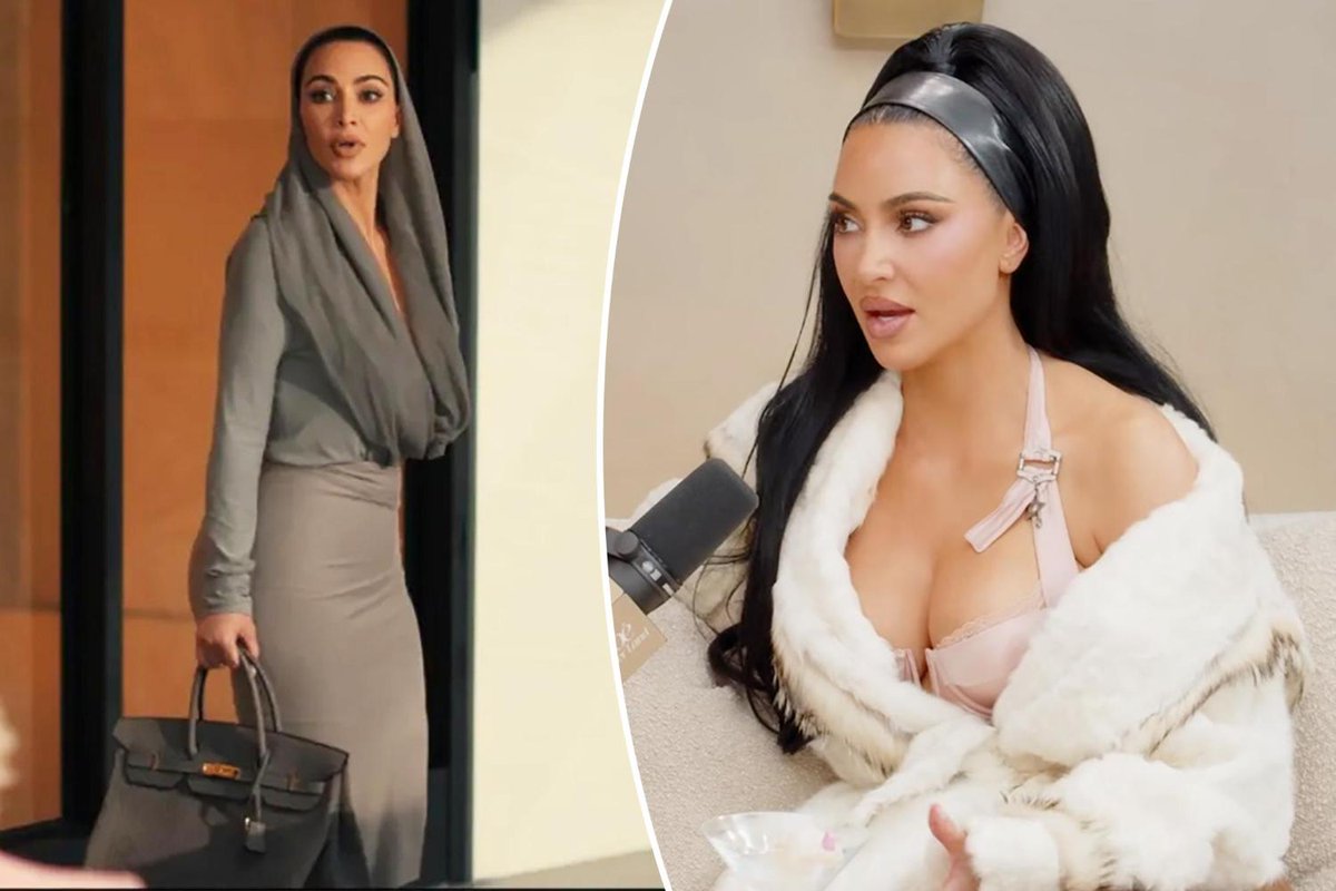 Kim Kardashian holding a gray Birkin-style handbag, the prop at the center of controversy; image via Page Six on X