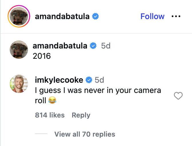 Screenshot of an Instagram comment section where Kyle Cooke jokingly comments on Amanda Batula's post about 2016 photos, saying "I guess I was never in your camera roll".