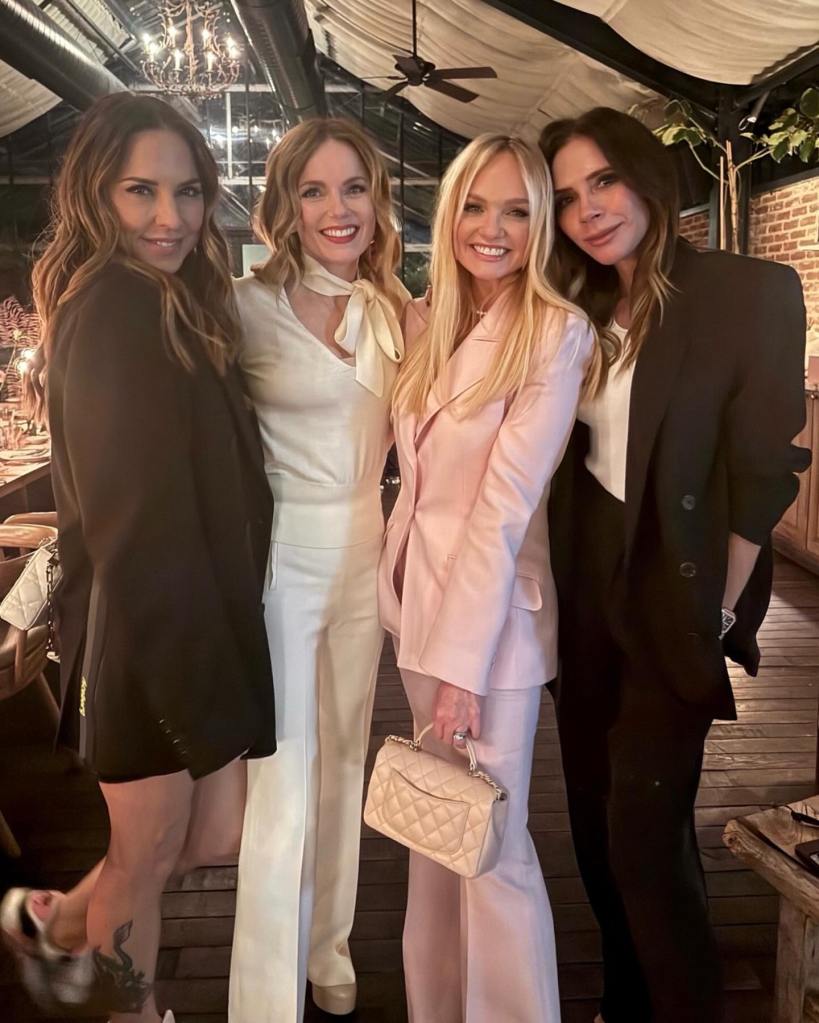 Victoria Beckham, Mel C, Emma Bunton and Geri Halliwell-Horner posing together at Emma Bunton's 50th birthday.