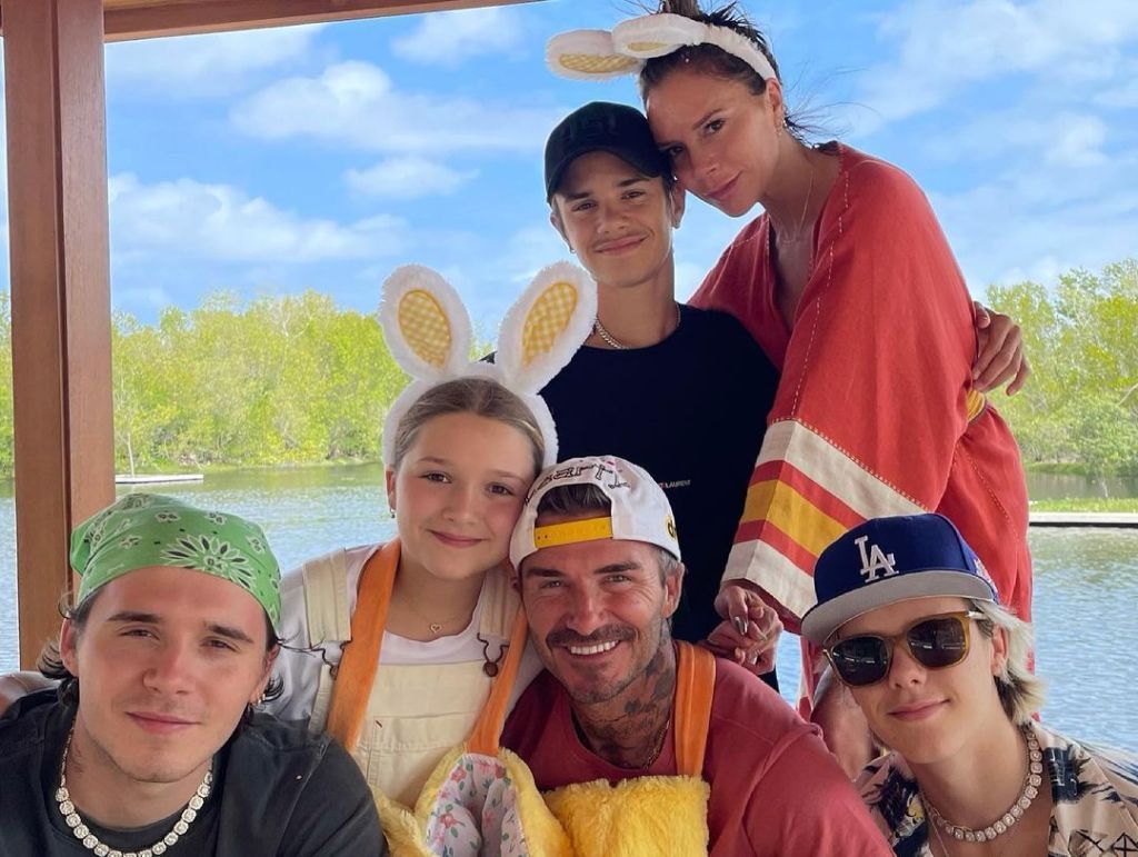 The Beckham family celebrating Easter together, some wearing bunny ears.