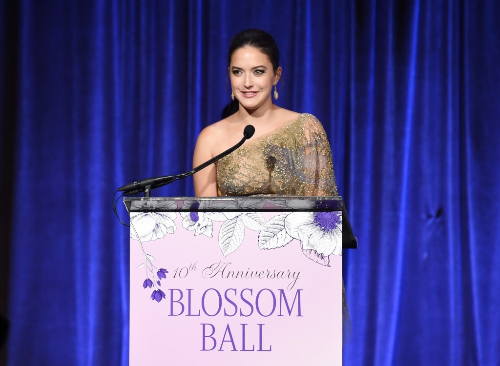 Alaia Baldwin speaking onstage at the Endometriosis Foundation of America's 10th Annual Blossom Ball.