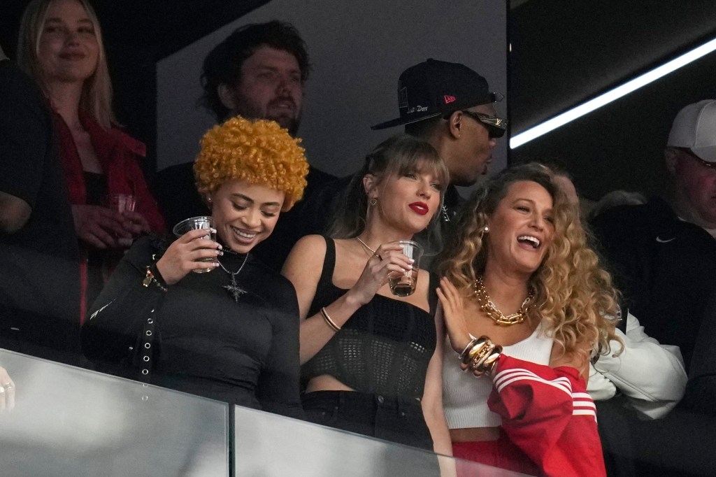 Taylor Swift, Ice Spice, and Blake Lively watching Super Bowl 58.