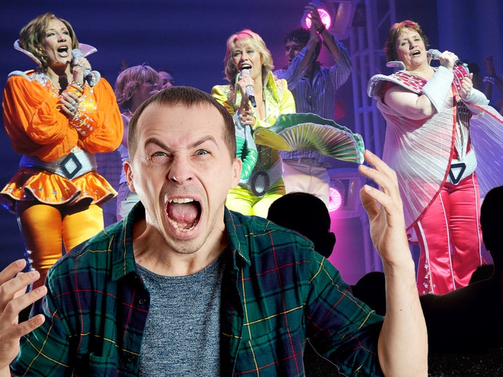 Composite image representing the viral audience altercation during a Mamma Mia! Broadway performance