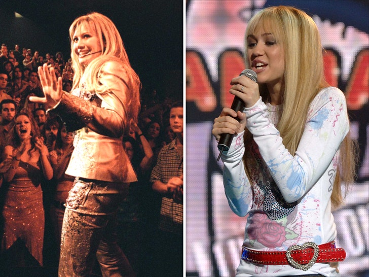 Stills from The Lizzie McGuire Movie (2003) and Hannah Montana, highlighting the pop-star double-life theme.