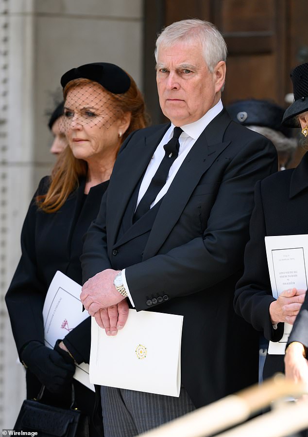 Prince Andrew with Sarah, Duchess of York, at a recent funeral