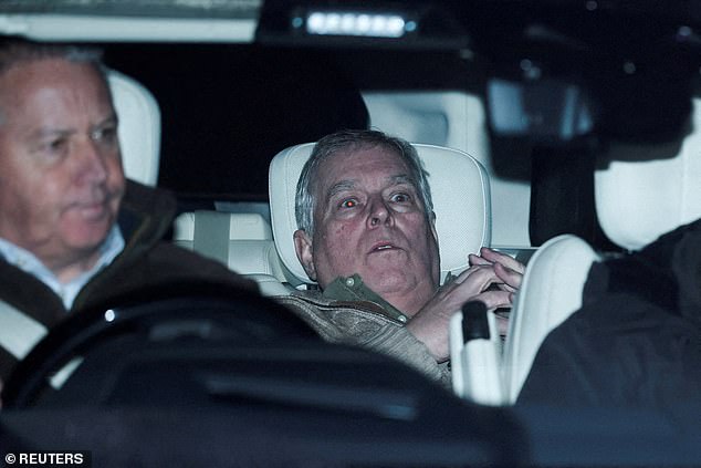Prince Andrew photographed in a car after police questioning; reports of an arrest and searches remain unverified.
