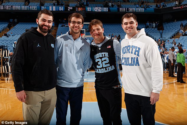 Maye brothers-Luke, Beau, Drake, and Cole-before a 2024 UNC vs. Duke basketball game.