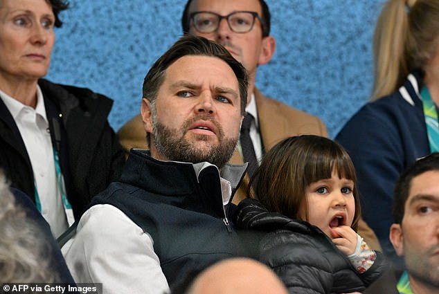 Vice President JD Vance in the stands at a women's ice hockey match during the Milano Cortina 2026 Winter Olympics