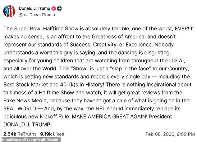 Screenshot of Donald Trump's Truth Social post criticizing Bad Bunny's halftime show as 'absolutely terrible' and 'a slap in the face'