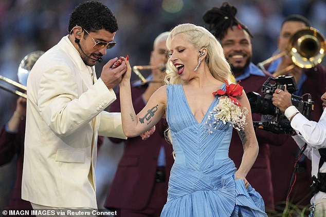 Bad Bunny and Lady Gaga salsa dance together during the halftime show