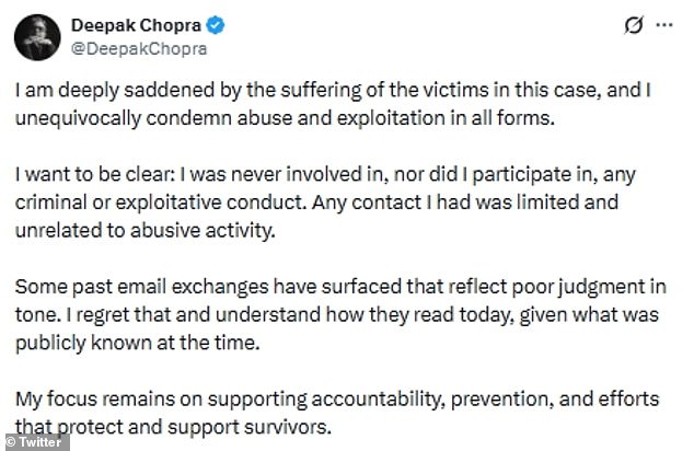 Screenshot of Deepak Chopra's February 4 statement on X acknowledging 'poor judgment in tone'