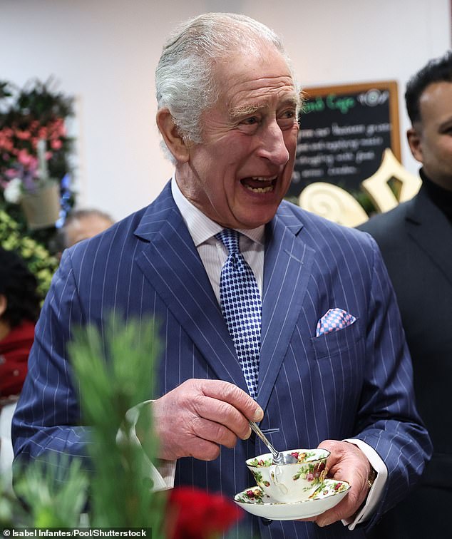 King Charles with a cup of tea - he prefers Darjeeling with milk