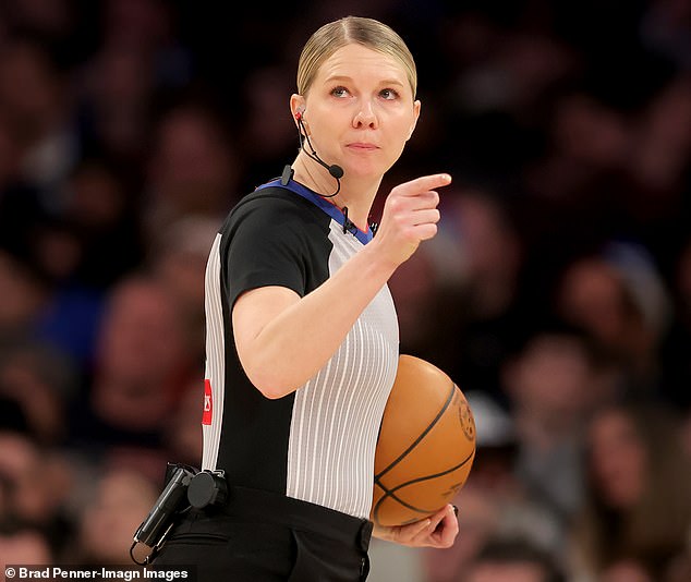 NBA referee Jenna Reneau officiating during the Rockets-Celtics game