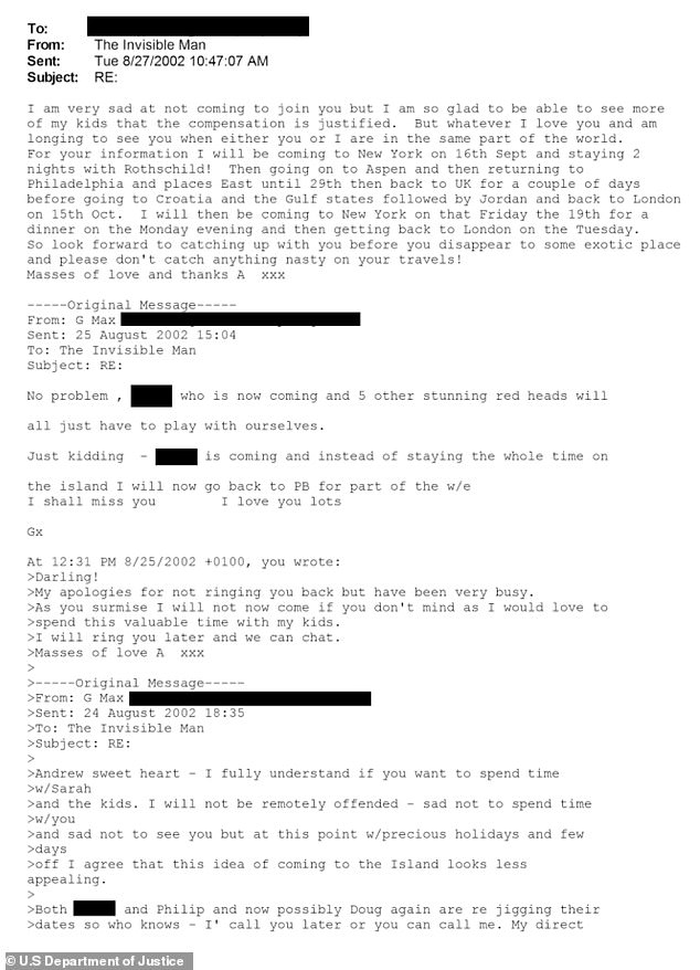 Excerpted 2002 email passages reportedly showing Prince Andrew saying he was 'longing to see' Ghislaine Maxwell; wording based on media descriptions.