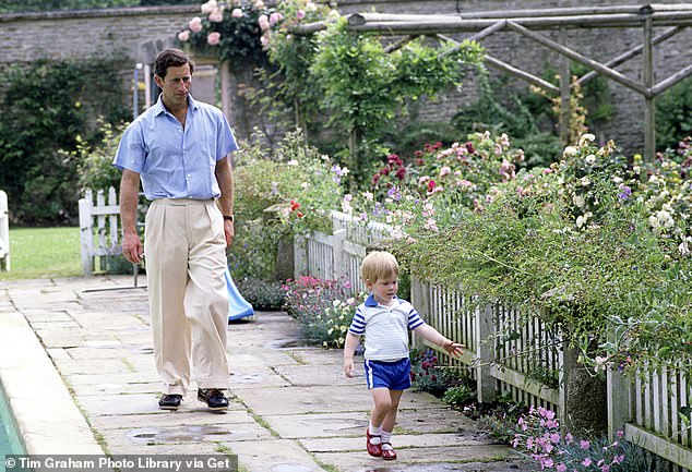 King Charles walking in a garden with a young Prince Harry, underscoring decades of cultivating Highgrove and Sandringham
