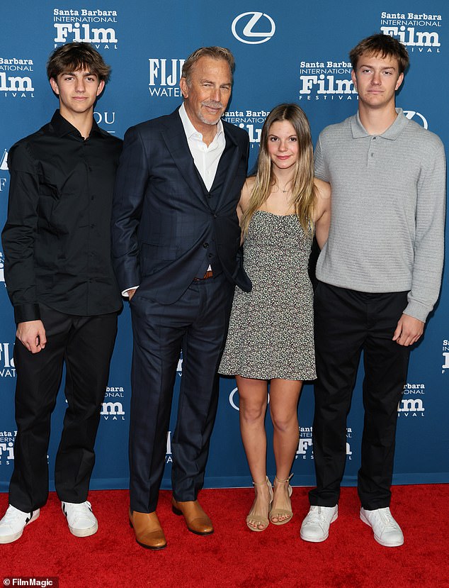 Kevin Costner with his children Cayden, Hayes, and Grace at a 2025 event.